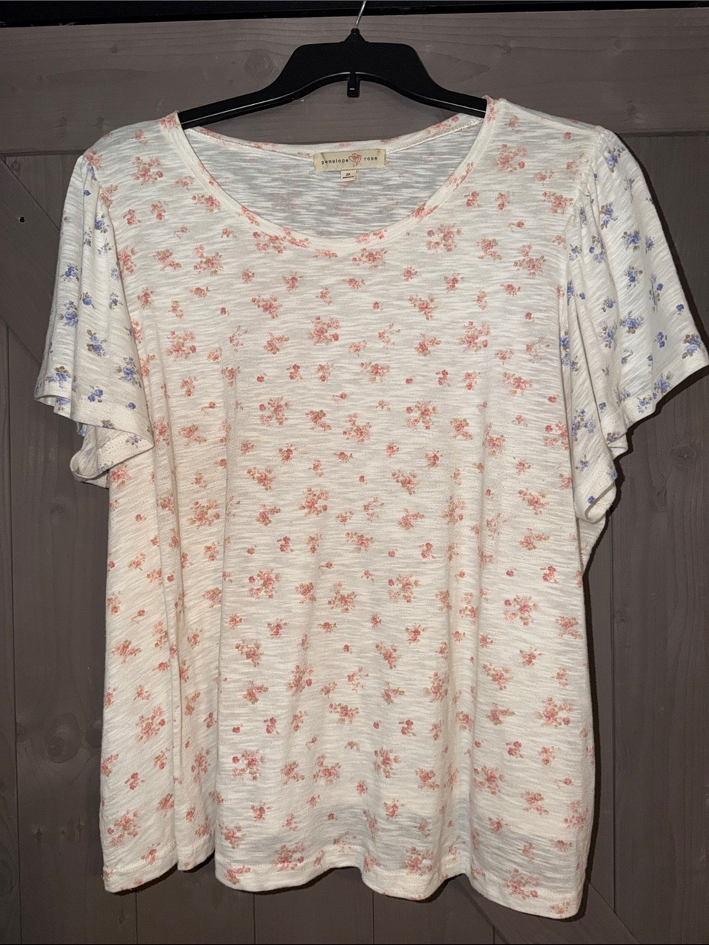 Short Sleeve Scoop Neck Tee with Pink & Blue Floral Print